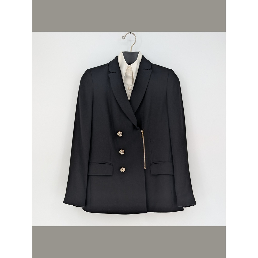 Karen Millen Black Wool Blend Gold Zip Tailored Blazer US 6